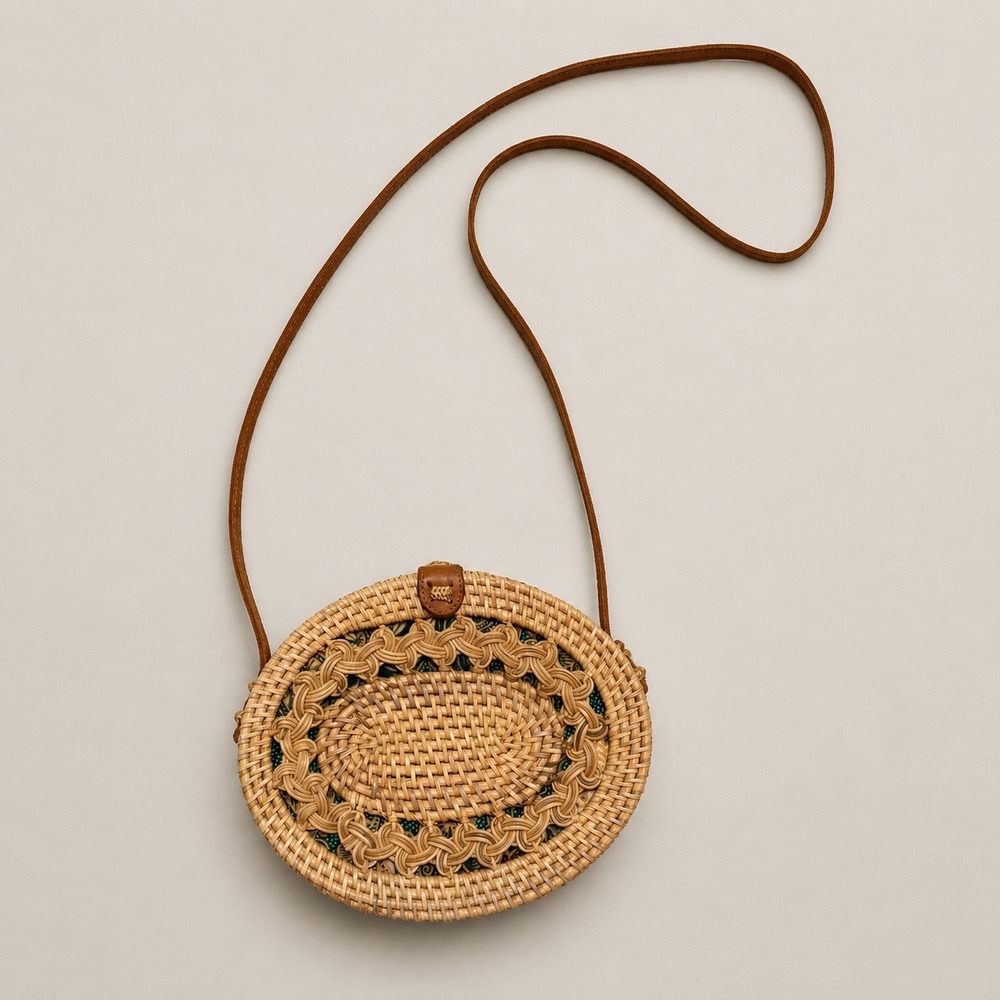 Woven Rattan Crossbody Bag Oval Basket Purse Leather Strap Boho Batik Lined